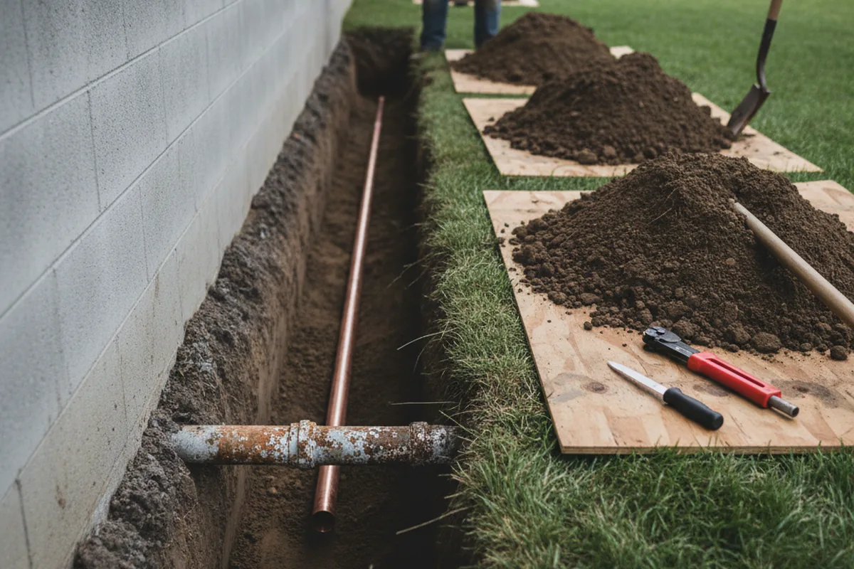 Excavated water line trench during Water Heater Repair in Annandale